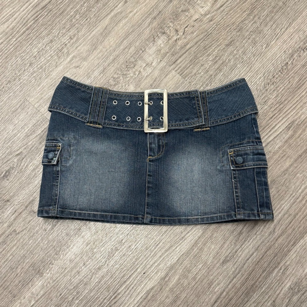 Weather Vane Denim Micro Mini Skirt Dark Wash Y2K Belted Cargo Pockets Sz 3